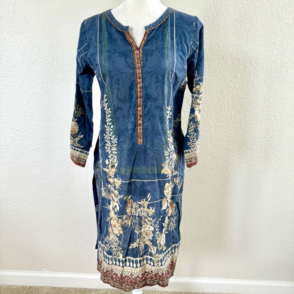 Bin Saeed Size 14 Navy Blue Cotton Embroidered Floral Ready Made Lawn Dress